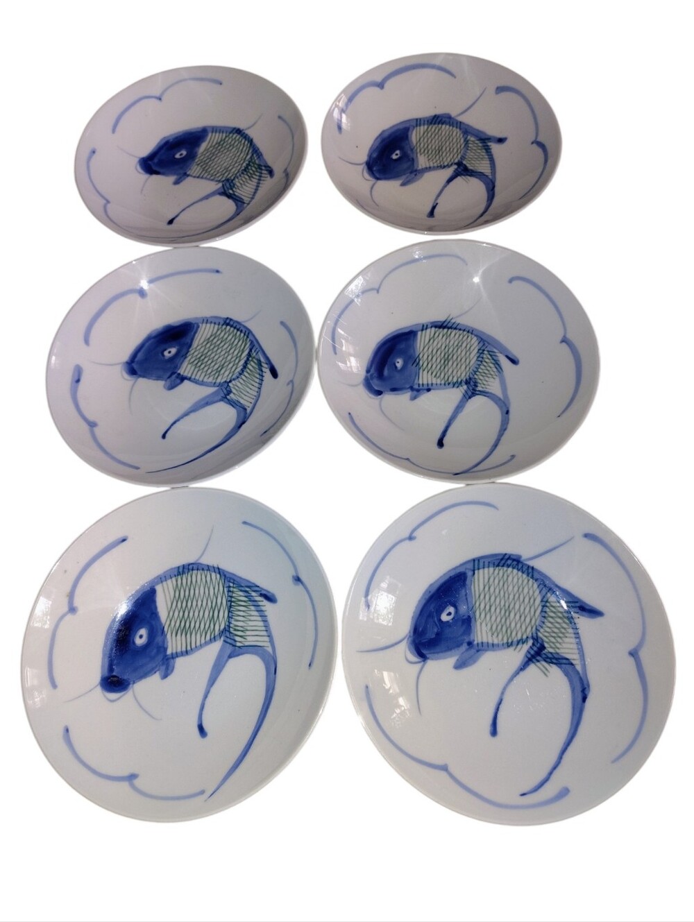 Vintage Blue Green Koi Fish Bowl Dish Set Of 6 Piece.     MM